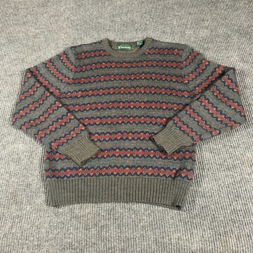 VTG Hungers Ridge Sweater Mens XL Large Slim Gray Striped Fair Isle Nordic Retro